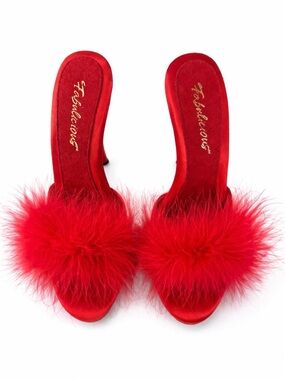 NWOT Fabulicious Red Satin Feather Heels Stiletto Slides Size 6 Glam Boudoir
